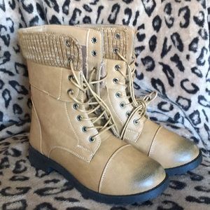 New tan combat boots with knit trim